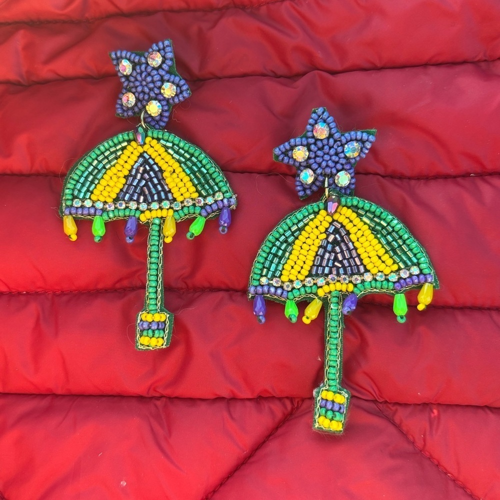 Mardi Gras Beaded Umbrella Earrings New Orleans Handmade Dangle Drop Parasol
